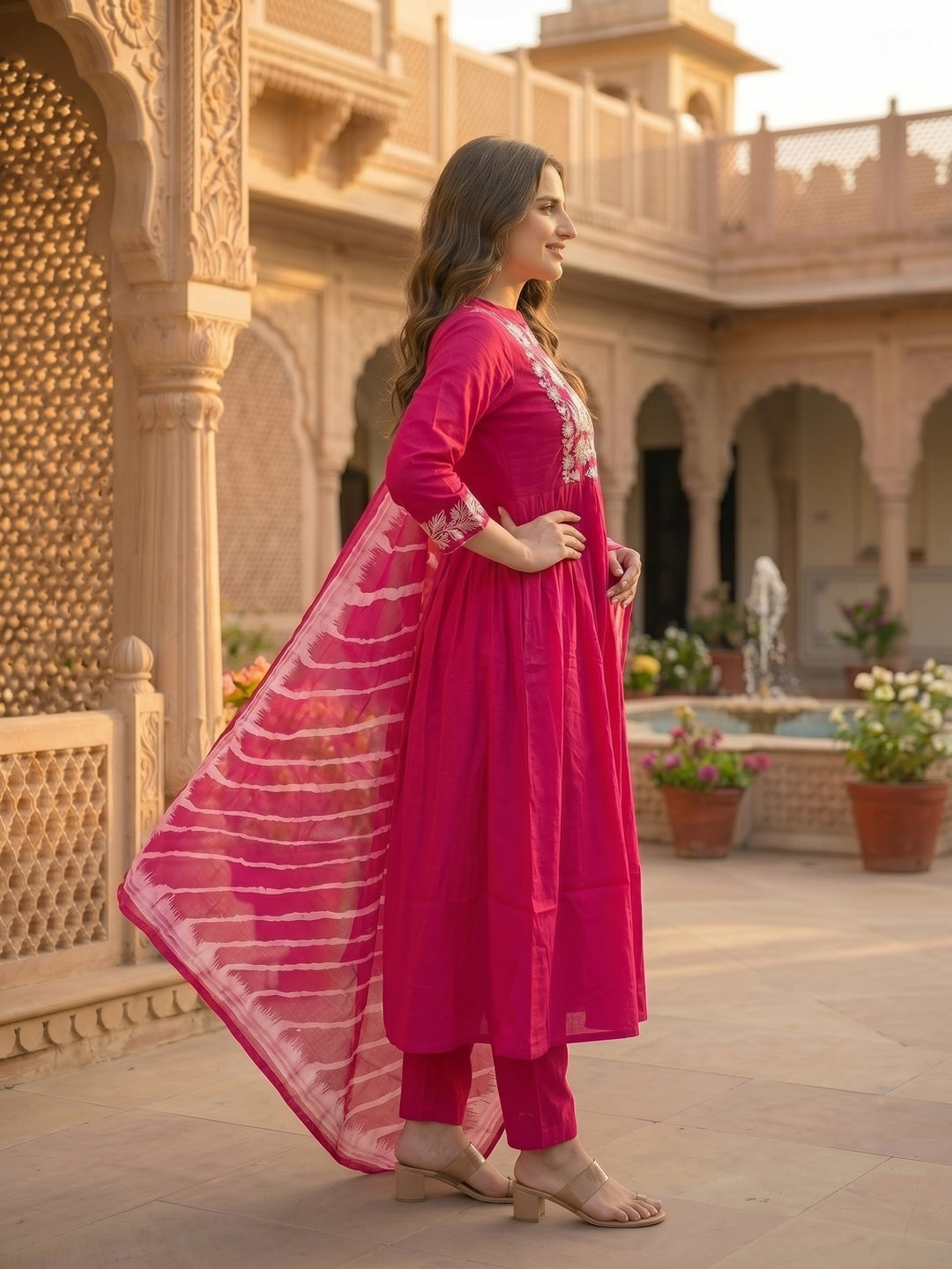 Solid Floral Embroidered A-Line Flared Kurta with Pant & Dupatta - Magenta