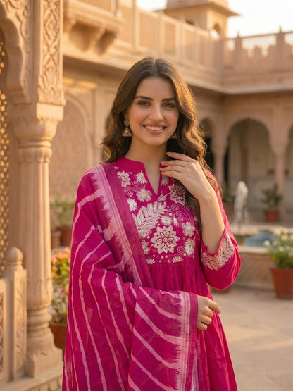 Solid Floral Embroidered A-Line Flared Kurta with Pant & Dupatta - Magenta