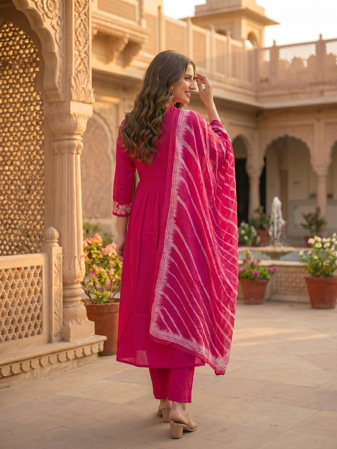 Solid Floral Embroidered A-Line Flared Kurta with Pant & Dupatta - Magenta