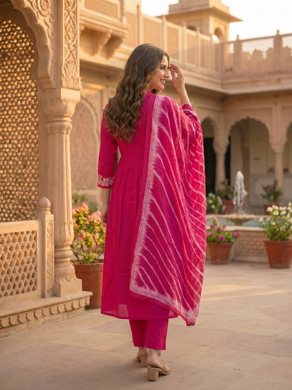 Solid Floral Embroidered A-Line Flared Kurta with Pant & Dupatta - Magenta