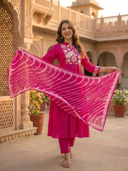 Solid Floral Embroidered A-Line Flared Kurta with Pant & Dupatta - Magenta