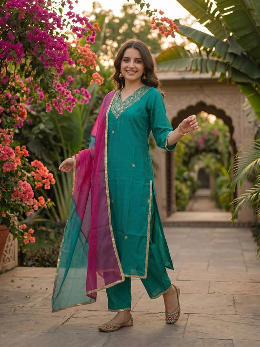 Solid Zari Embroidered Straight Kurta with Palazzo & Dupatta - Sea Green