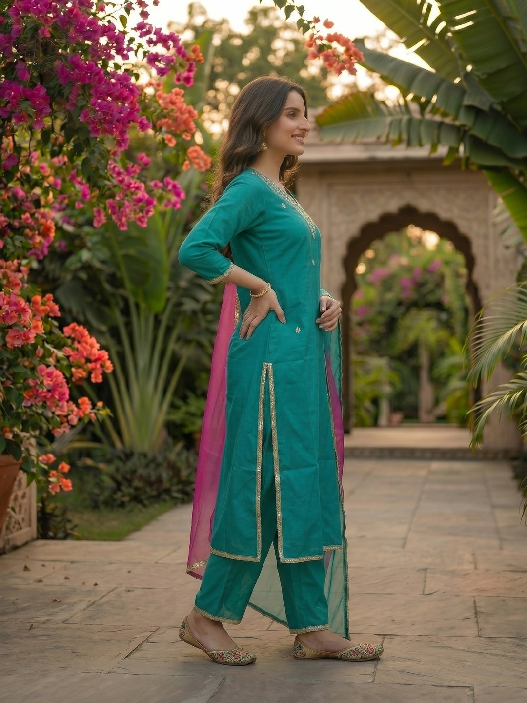 Solid Zari Embroidered Straight Kurta with Palazzo & Dupatta - Sea Green