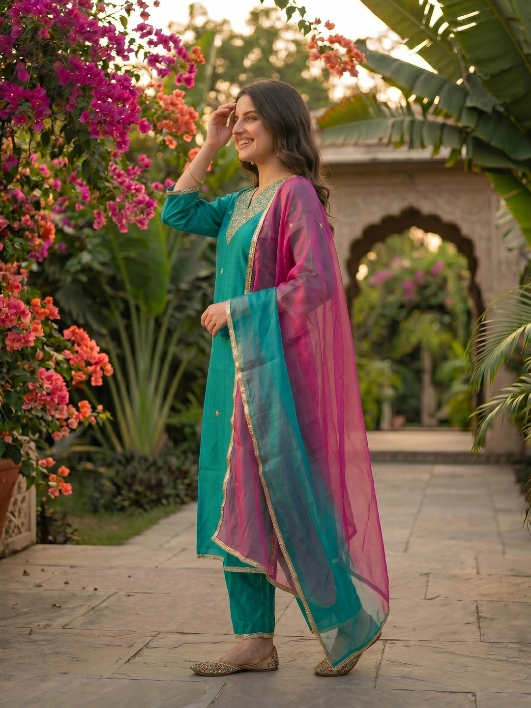 Solid Zari Embroidered Straight Kurta with Palazzo & Dupatta - Sea Green