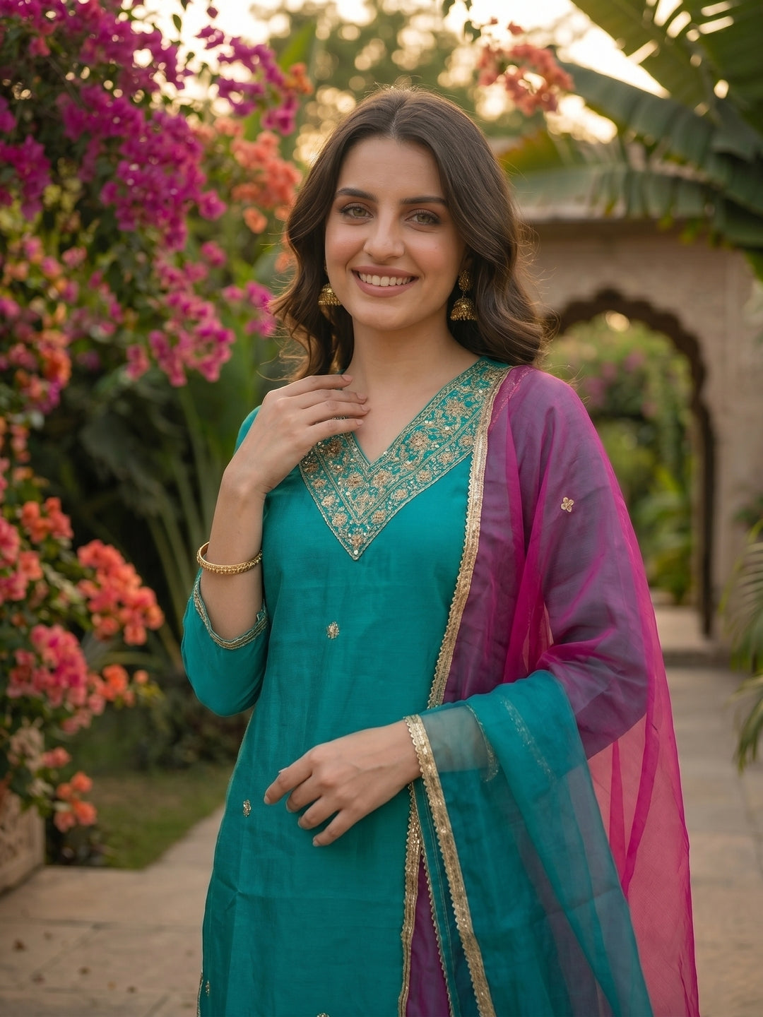 Solid Zari Embroidered Straight Kurta with Palazzo & Dupatta - Sea Green