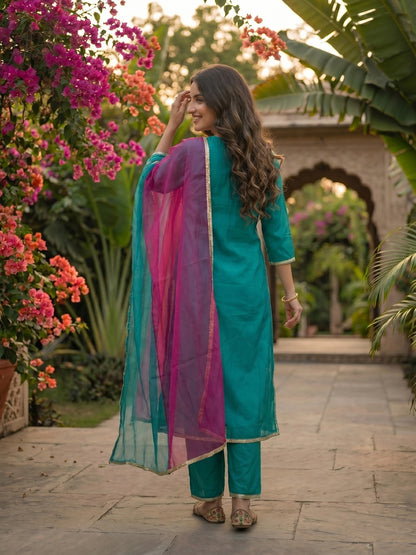 Solid Zari Embroidered Straight Kurta with Palazzo & Dupatta - Sea Green