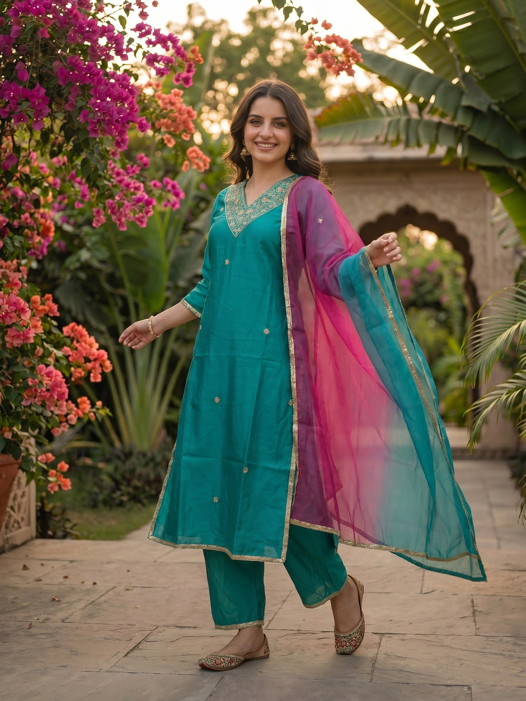 Solid Zari Embroidered Straight Kurta with Palazzo & Dupatta - Sea Green