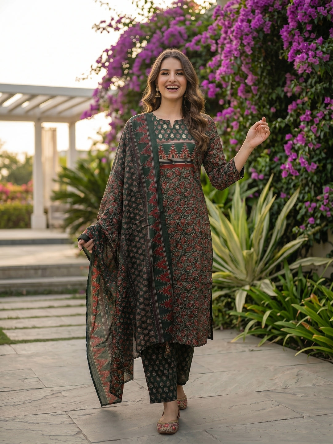 Ethnic Printed Embroidered Straight Fit Kurta with Pant & Dupatta - Green
