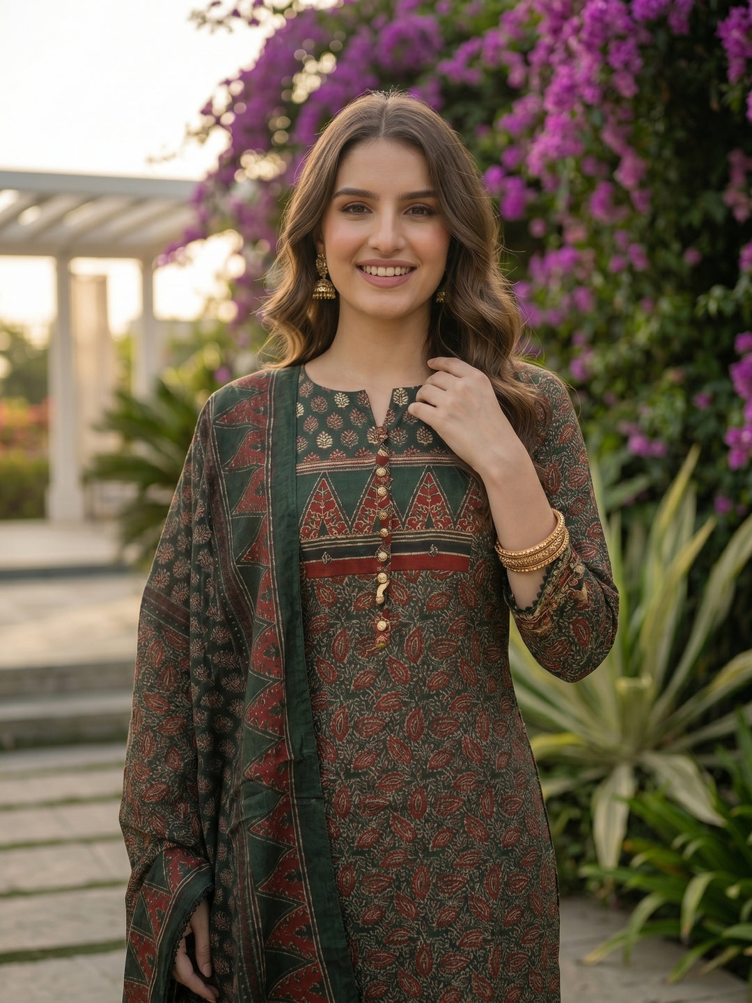 Ethnic Printed Embroidered Straight Fit Kurta with Pant & Dupatta - Green
