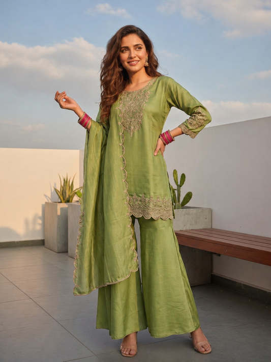 Solid Ethnic Embroidered Straight Kurta with Sharara & Dupatta - Green