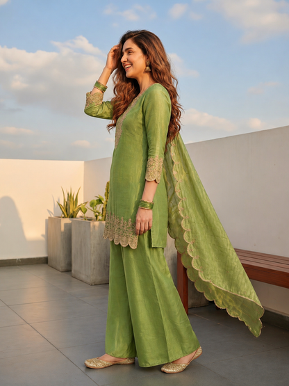 Solid Ethnic Embroidered Straight Kurta with Sharara & Dupatta - Green
