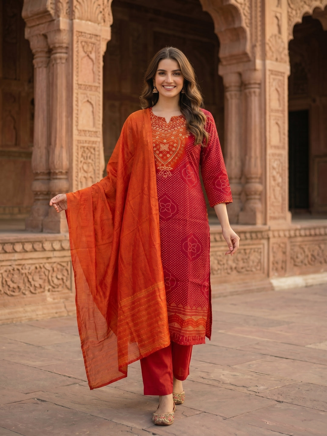 Bandhani Printed & Embroidered Straight Kurta with Pant & Dupatta - Maroon