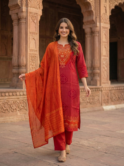 Bandhani Printed & Embroidered Straight Kurta with Pant & Dupatta - Maroon