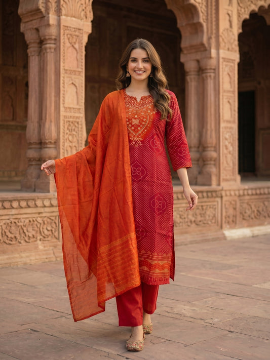 Bandhani Printed & Embroidered Straight Kurta with Pant & Dupatta - Maroon