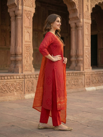 Bandhani Printed & Embroidered Straight Kurta with Pant & Dupatta - Maroon