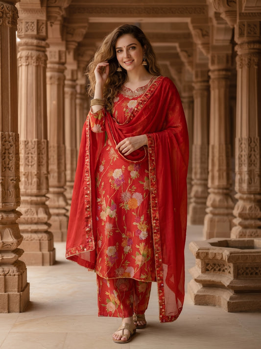 Floral Printed & Embroidered Straight Kurta with Palazzo & Dupatta - Red