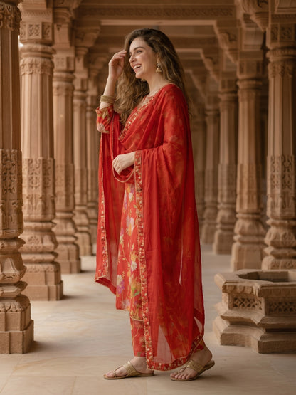 Floral Printed & Embroidered Straight Kurta with Palazzo & Dupatta - Red