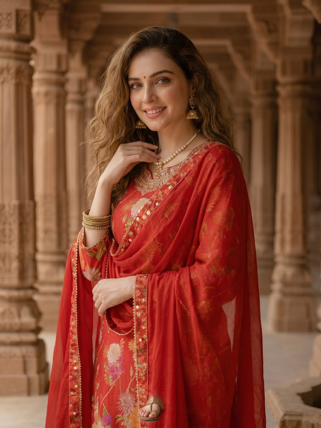 Floral Printed & Embroidered Straight Kurta with Palazzo & Dupatta - Red