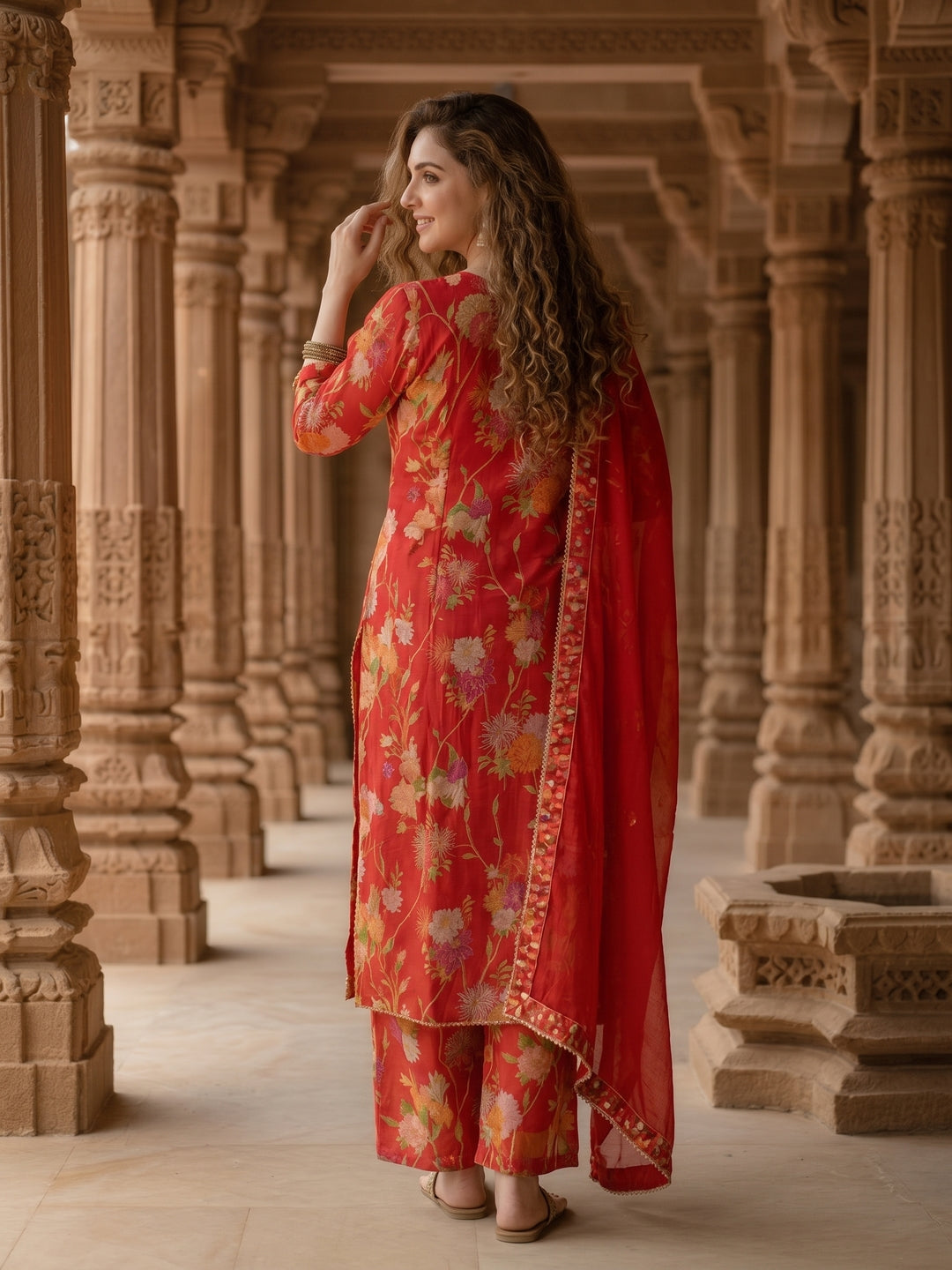 Floral Printed & Embroidered Straight Kurta with Palazzo & Dupatta - Red