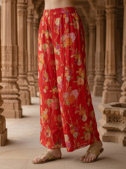Floral Printed & Embroidered Straight Kurta with Palazzo & Dupatta - Red