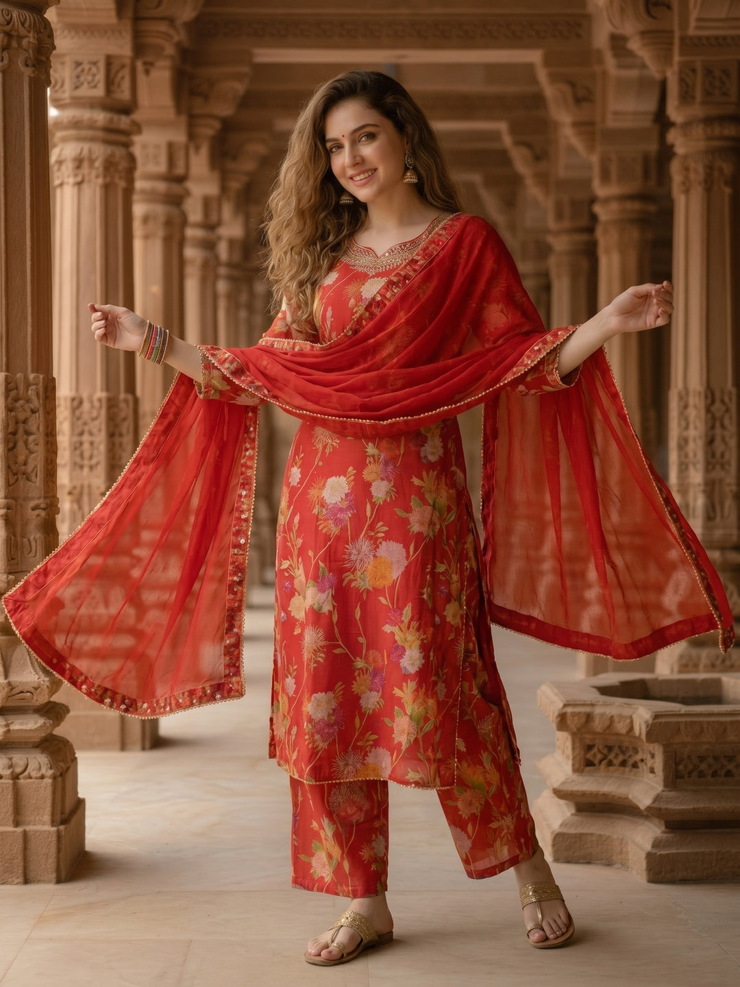 Floral Printed & Embroidered Straight Kurta with Palazzo & Dupatta - Red