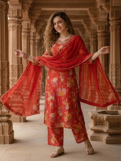 Floral Printed & Embroidered Straight Kurta with Palazzo & Dupatta - Red