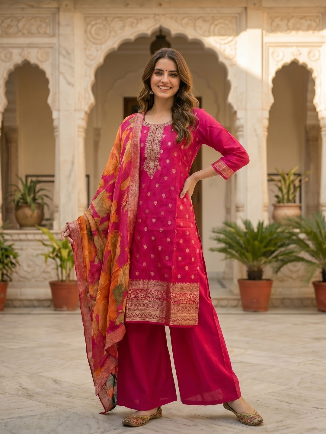Solid Floral Embroidered Straight Kurta with Palazzo & Dupatta - Rani