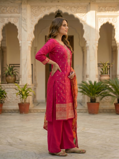Solid Floral Embroidered Straight Kurta with Palazzo & Dupatta - Rani