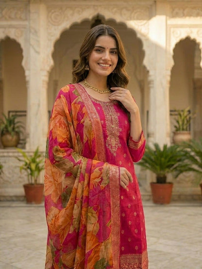 Solid Floral Embroidered Straight Kurta with Palazzo & Dupatta - Rani