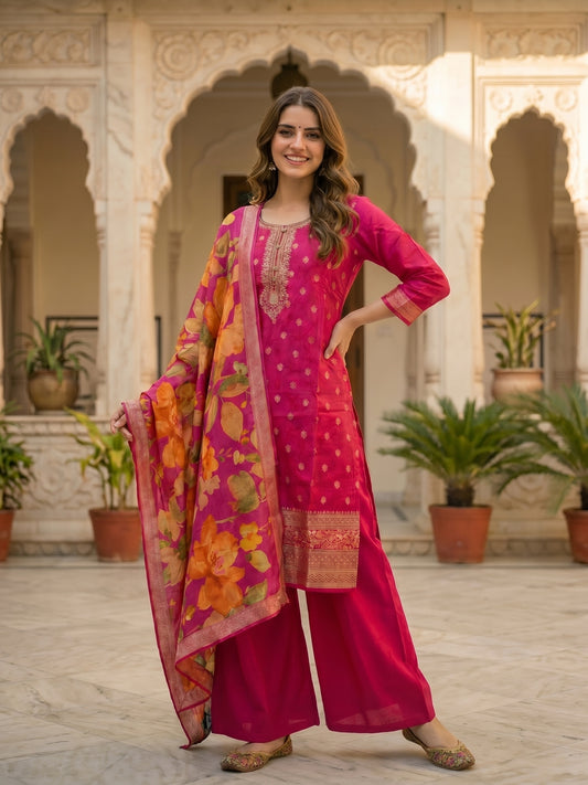 Solid Floral Embroidered Straight Kurta with Palazzo & Dupatta - Rani