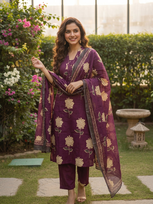 Abstract Floral Printed Straight Kurta with Pant & Dupatta - Burgundy