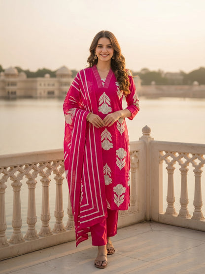 Abstract Floral Printed & Embroidered Straight Kurta with Pant & Dupatta - Pink