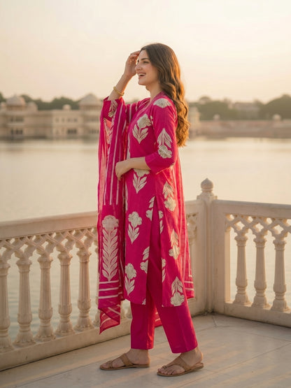 Abstract Floral Printed & Embroidered Straight Kurta with Pant & Dupatta - Pink