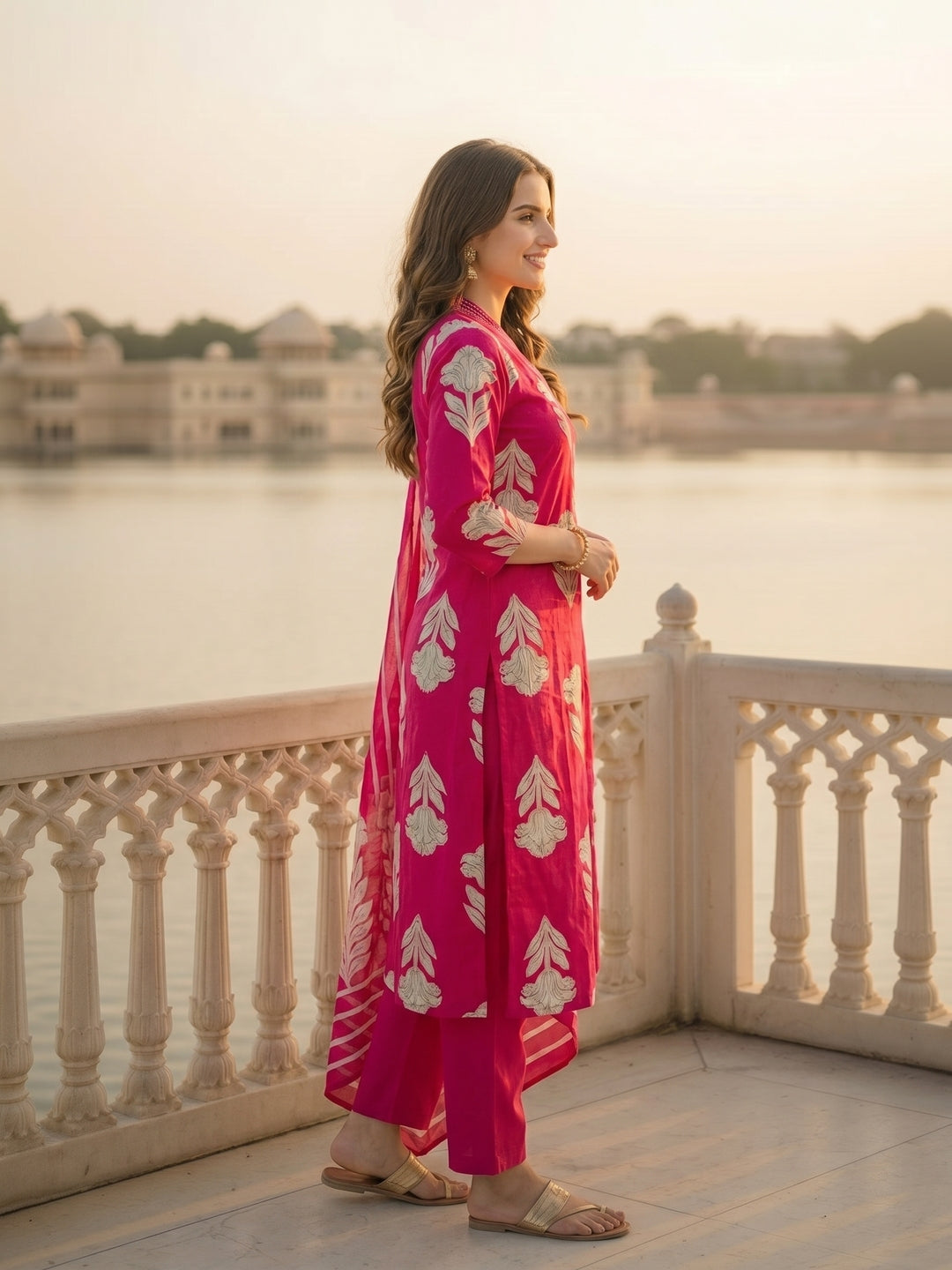 Abstract Floral Printed & Embroidered Straight Kurta with Pant & Dupatta - Pink