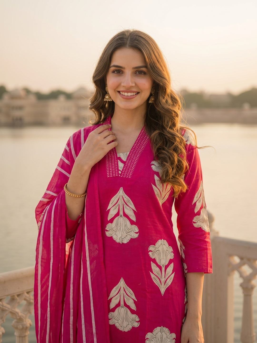 Abstract Floral Printed & Embroidered Straight Kurta with Pant & Dupatta - Pink