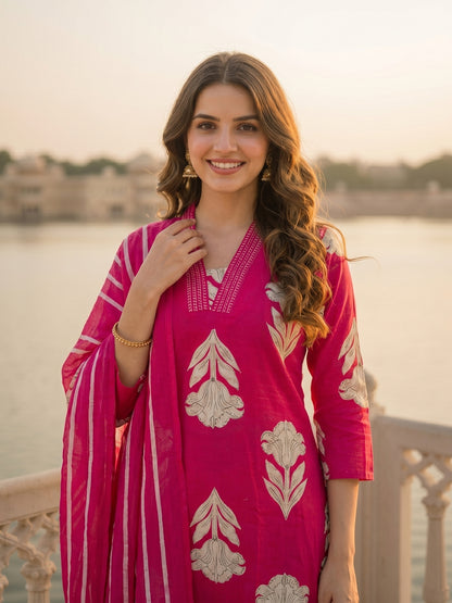 Abstract Floral Printed & Embroidered Straight Kurta with Pant & Dupatta - Pink