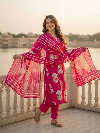 Abstract Floral Printed & Embroidered Straight Kurta with Pant & Dupatta - Pink