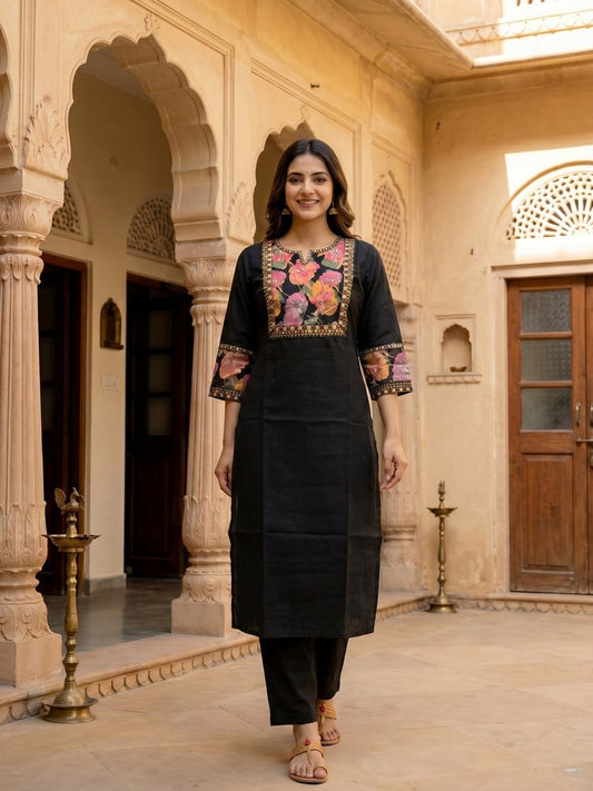 Floral Printed Silk Blend Kurta - Black
