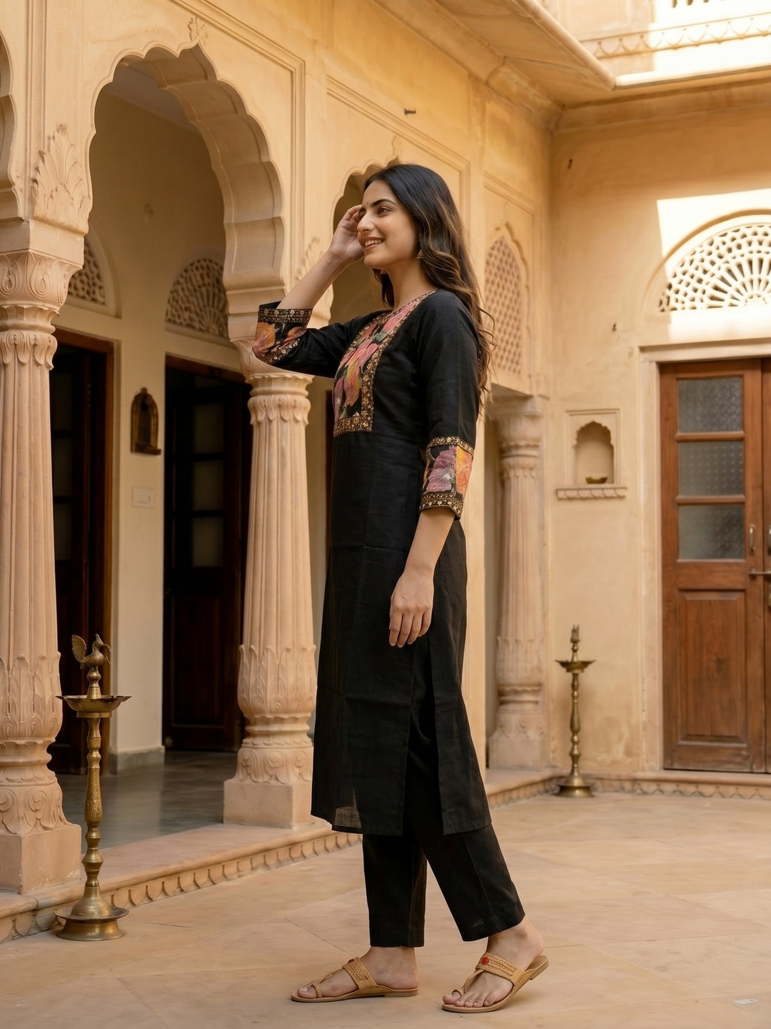 Floral Printed Silk Blend Kurta - Black
