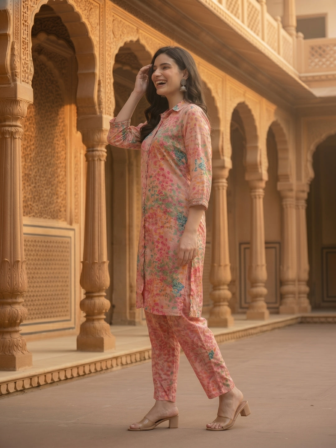 Abstract Floral Printed High-Low Straight Kurta with Pant Co-ord Set - Pink