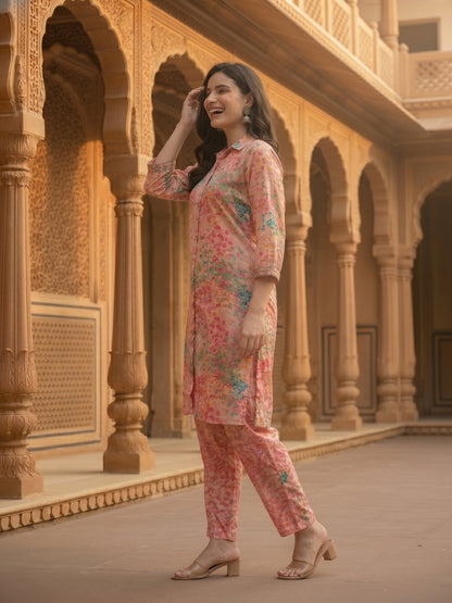 Abstract Floral Printed High-Low Straight Kurta with Pant Co-ord Set - Pink