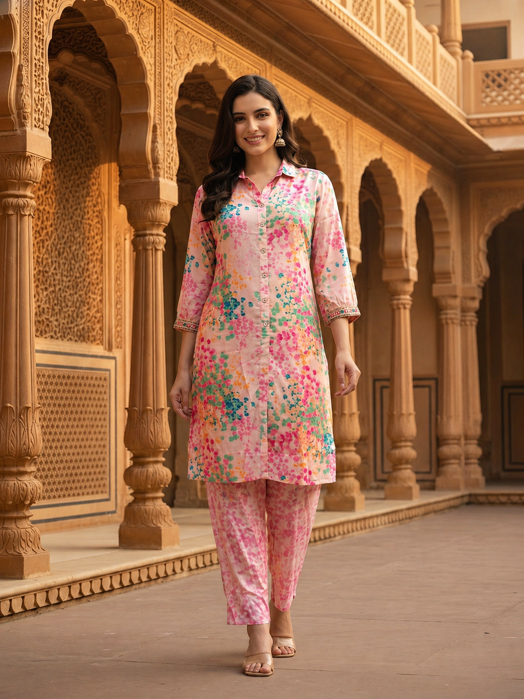 Abstract Floral Printed High-Low Straight Kurta with Pant Co-ord Set - Pink