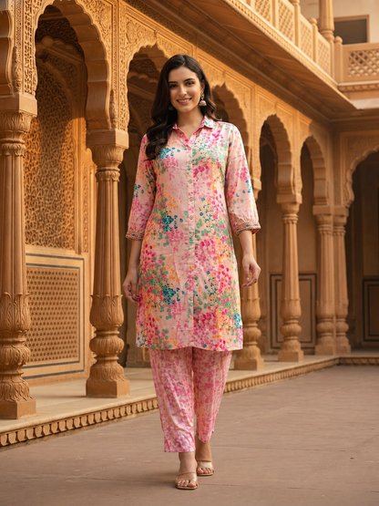 Abstract Floral Printed High-Low Straight Kurta with Pant Co-ord Set - Pink