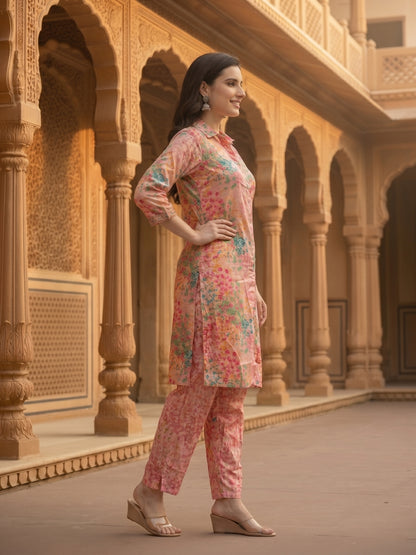 Abstract Floral Printed High-Low Straight Kurta with Pant Co-ord Set - Pink