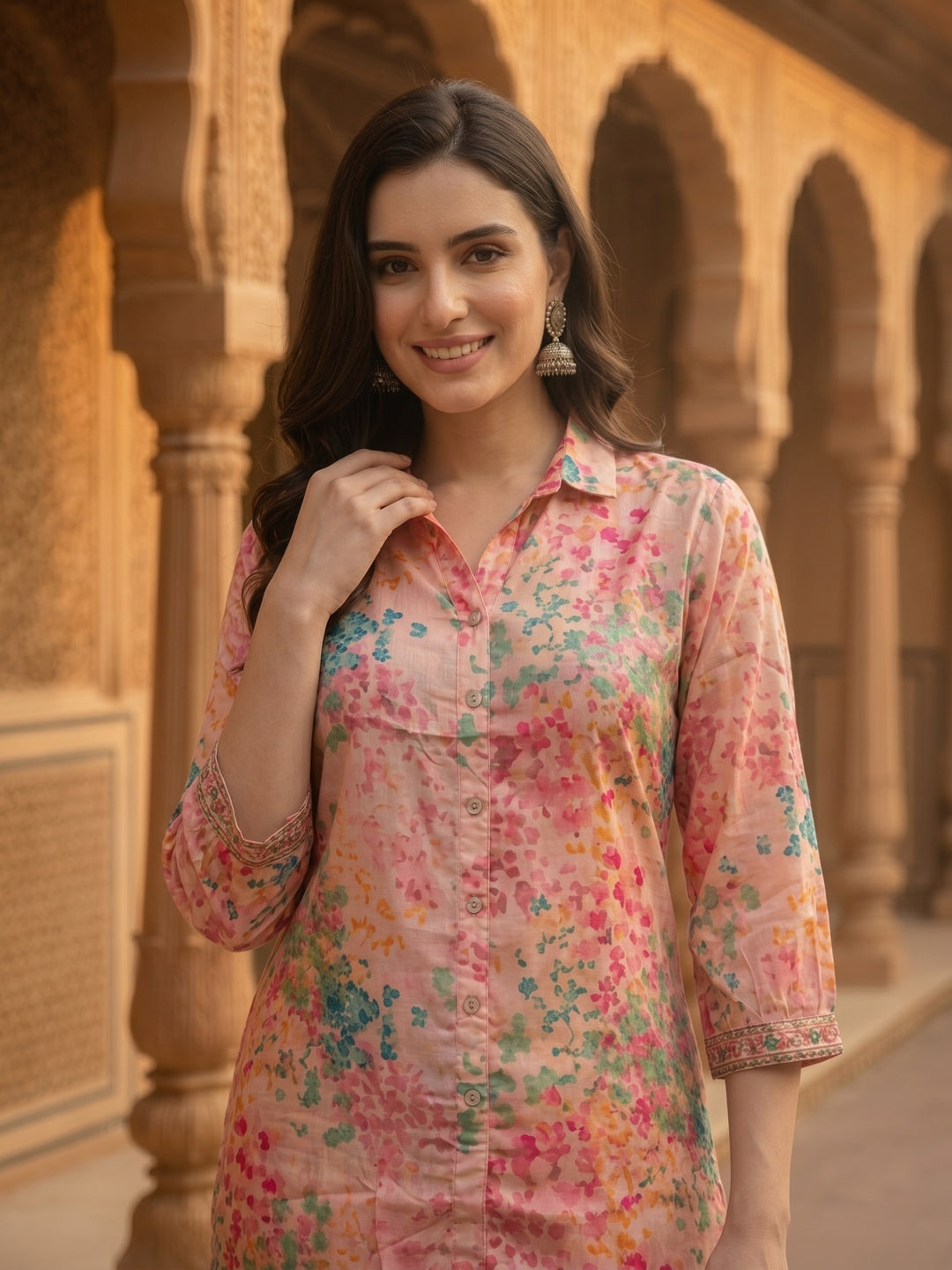 Abstract Floral Printed High-Low Straight Kurta with Pant Co-ord Set - Pink