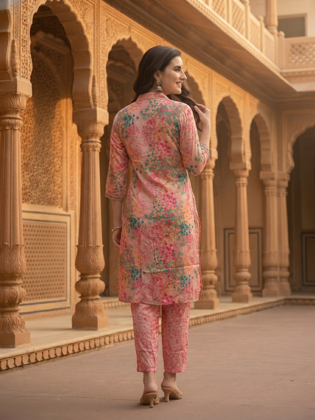 Abstract Floral Printed High-Low Straight Kurta with Pant Co-ord Set - Pink