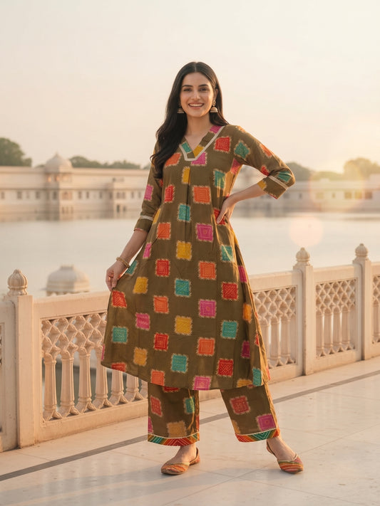 Ethnic Floral Foil Printed A-Line Co-ord Set - Green