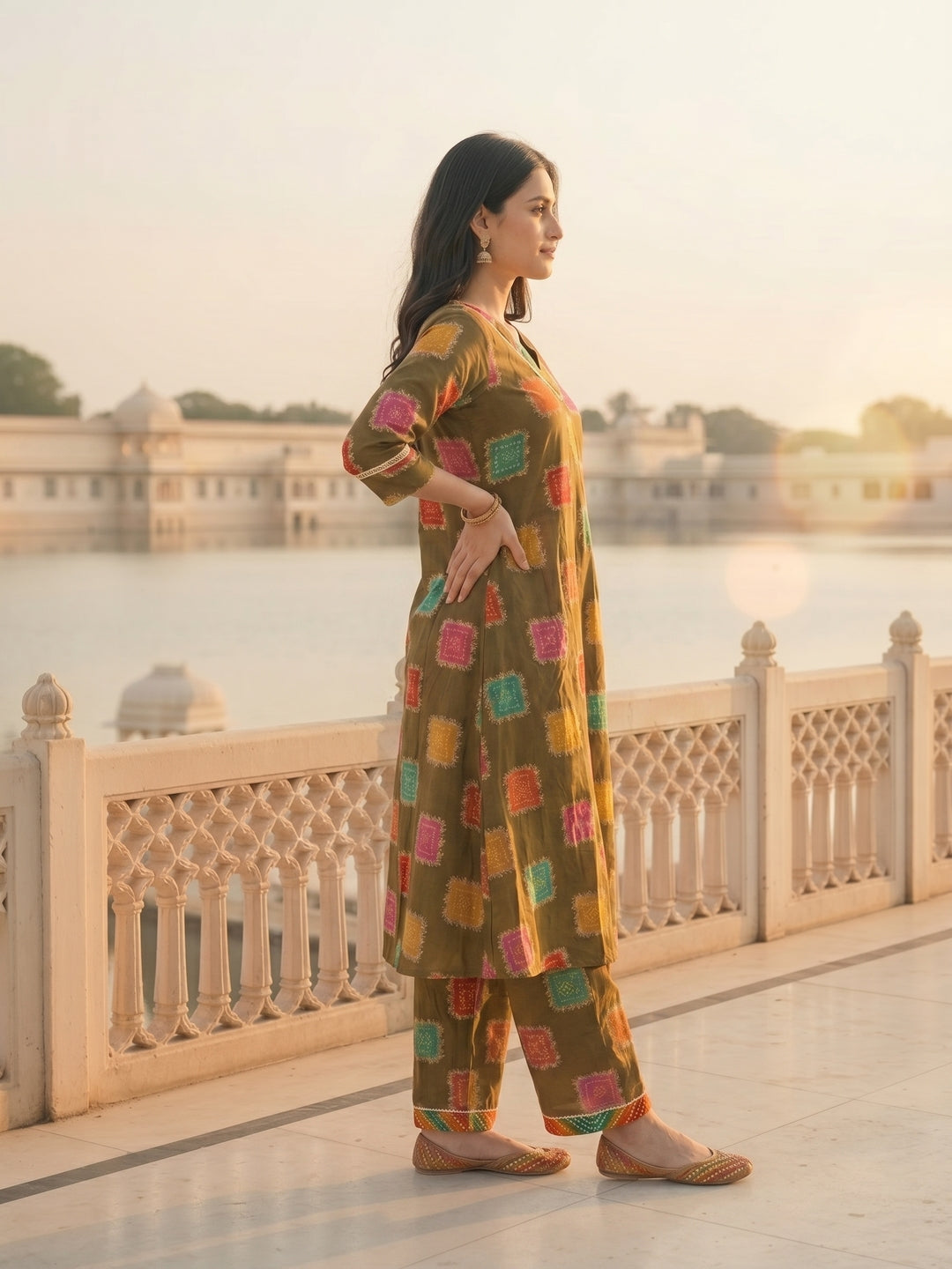 Ethnic Floral Foil Printed A-Line Co-ord Set - Green