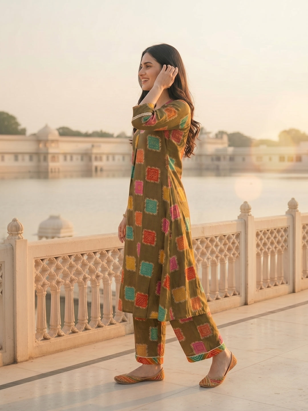Ethnic Floral Foil Printed A-Line Co-ord Set - Green