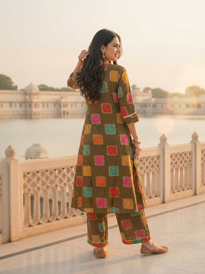 Ethnic Floral Foil Printed A-Line Co-ord Set - Green